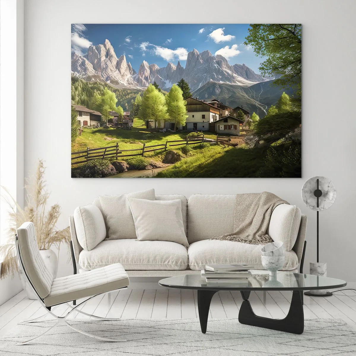 Glasbild - Bild auf glas - Ländliche Entwicklung im Grünen am Fuße der Alpengipfel - 100x70cm - Alpenidylle - Moderne Wanddekoration für Wohnzimmer und Schlafzimmer ARTTOR