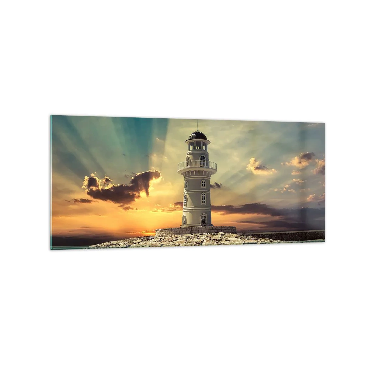 Glasbild - Bild auf glas - Ein Leuchtturm bei Sonnenuntergang gegen den Himmel - 120x50cm - Licht - Gut - Schönheit - Moderne Wanddekoration für Wohnzimmer und Schlafzimmer ARTTOR