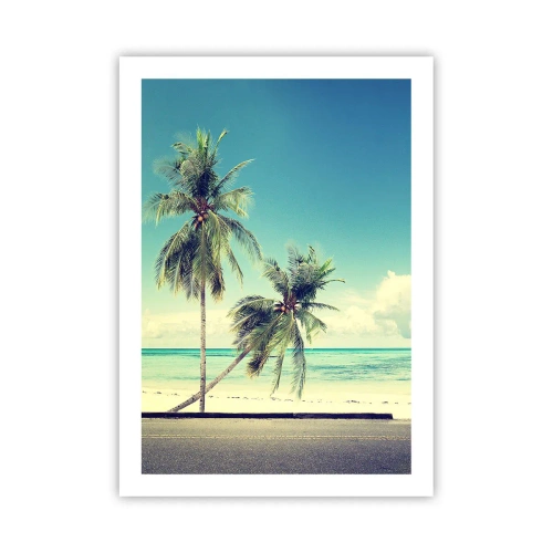 Poster - Zwei Palmen am Strand mit blauem Himmel - 50x70cm - Zeit um in die Ferien zu starten - Moderne Wanddekoration für Wohnzimmer und Schlafzimmer ARTTOR