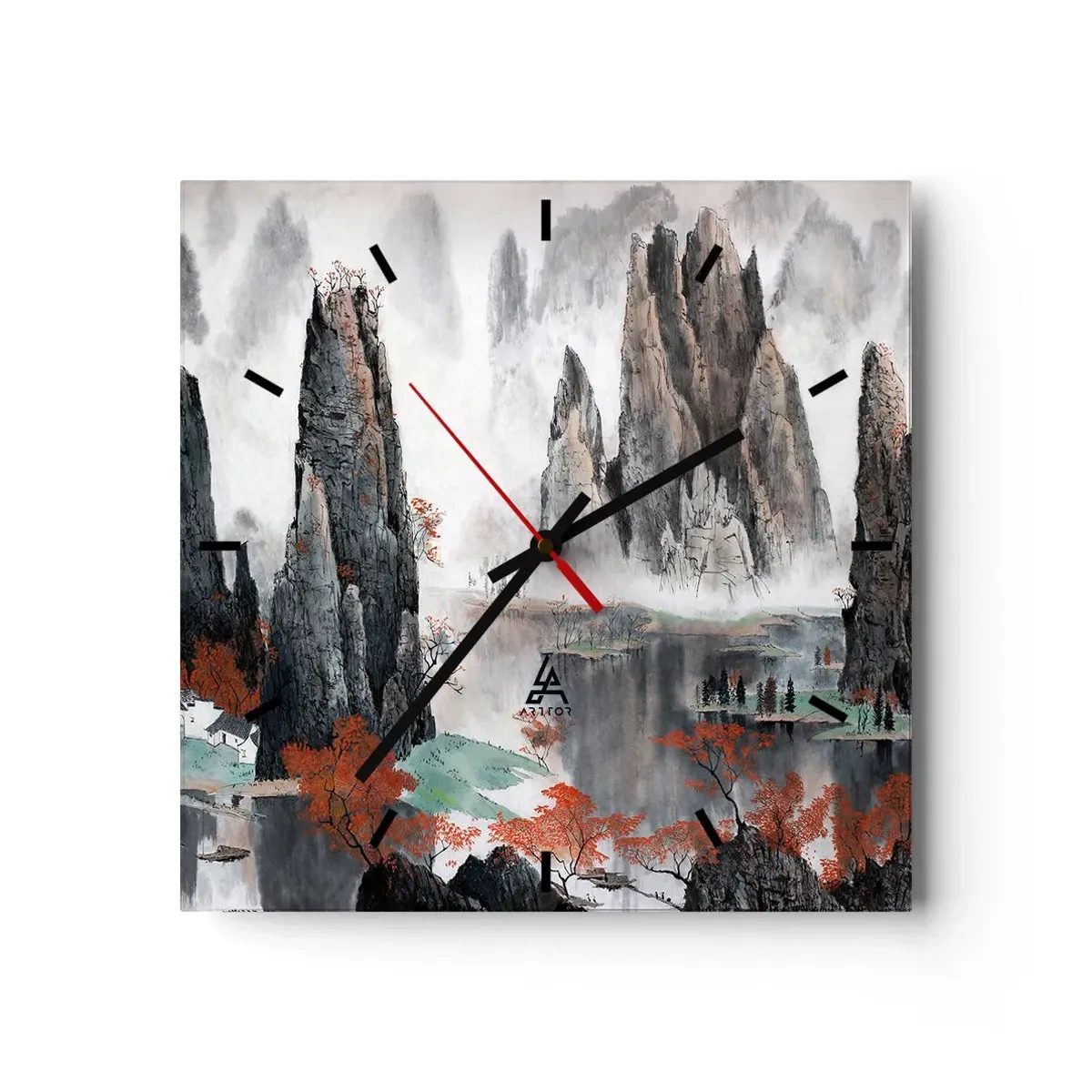 Wanduhr - Glasuhr - Malerische Felsen und Bäume in der nebligen chinesischen Landschaft - 30x30cm - Mächtige Wächter - Moderne Wanddekoration für Wohnzimmer und Schlafzimmer ARTTOR