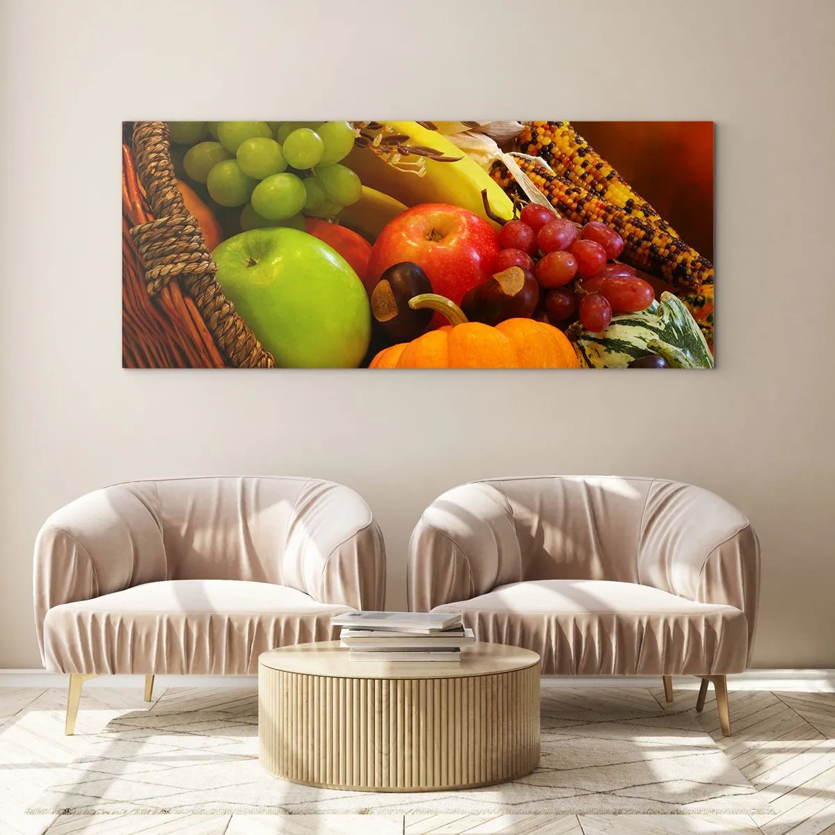Glasbild - Bild auf glas - Ein Korb mit Obst, Kürbissen und Mais vor einem Hintergrund aus Herbstfarben. - 120x50cm - Ein Korb voller Ernte - Moderne Wanddekoration für Wohnzimmer und Schlafzimmer ARTTOR