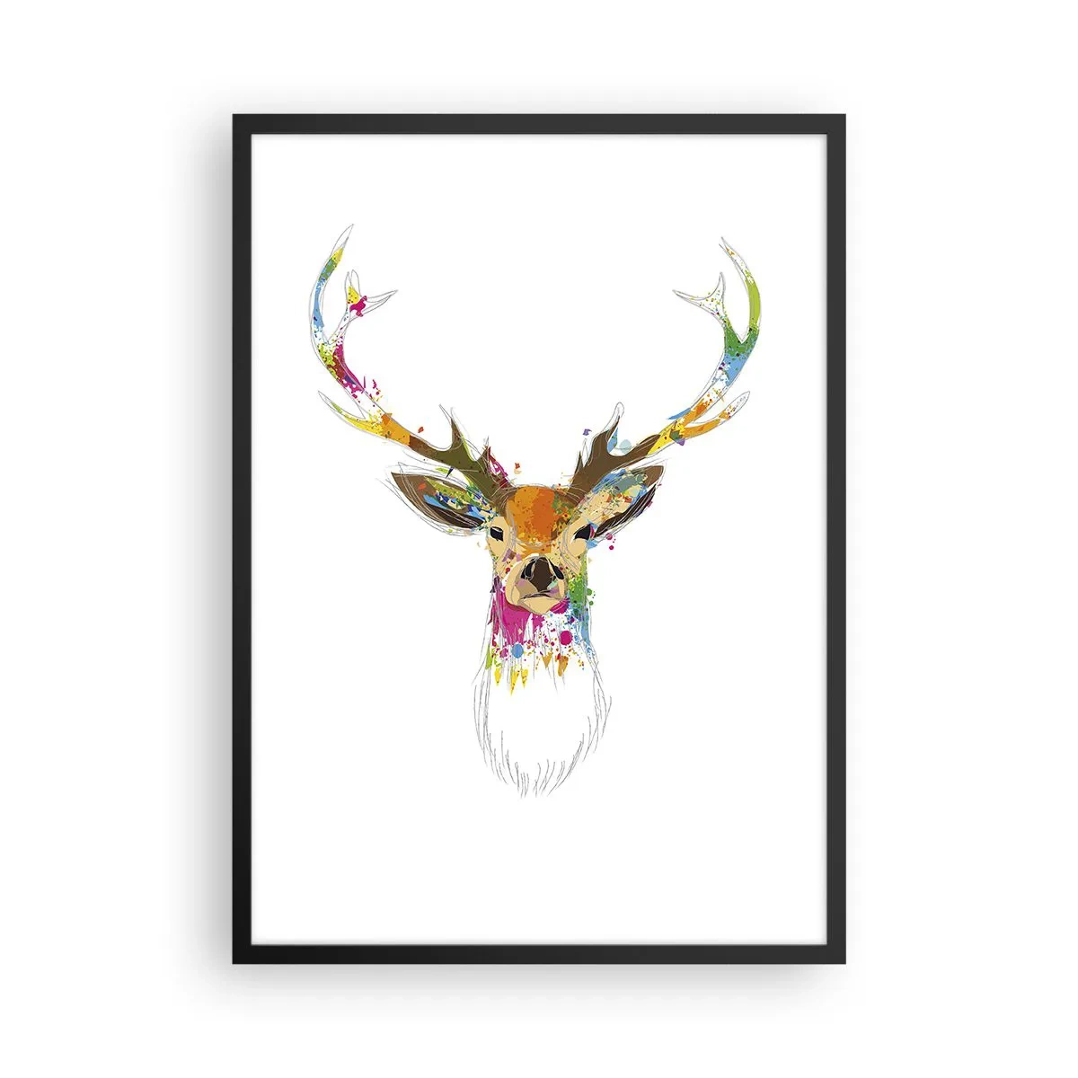 Poster in einem schwarzem Rahmen - Bunte Hirsche im abstrakten Stil auf weißem Hintergrund - 50x70cm - Ein mildes Reh in Farbe getaucht - Moderne Wanddekoration für Wohnzimmer und Schlafzimmer ARTTOR