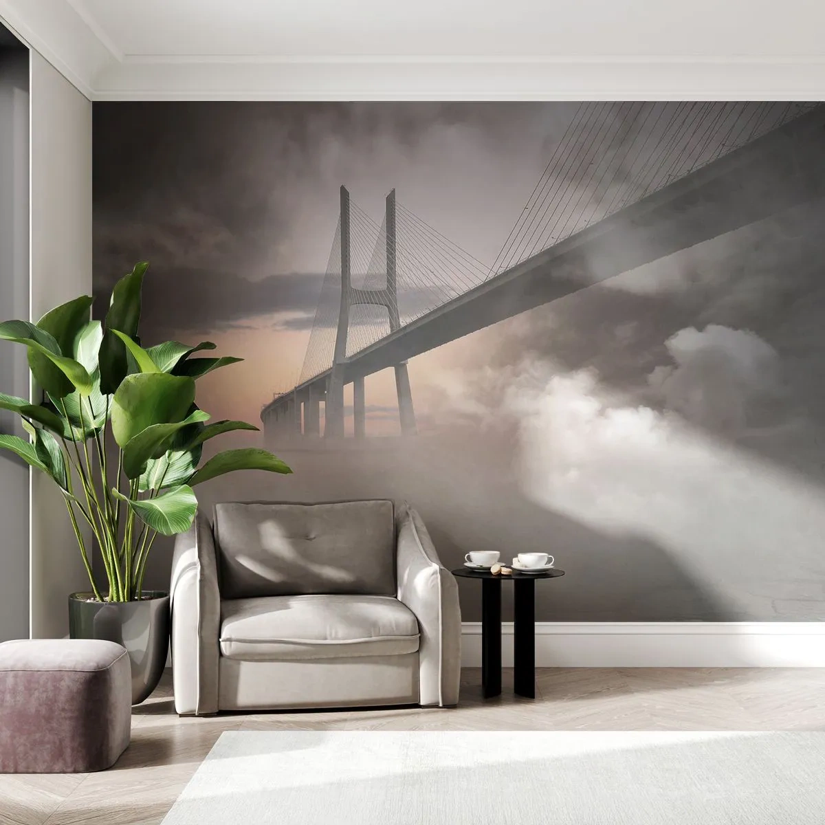Fototapete Premium Canvas - Auf dem Fluss, den es nicht gibt - Landschaft, Brücke, Die Architektur - 250x175 cm