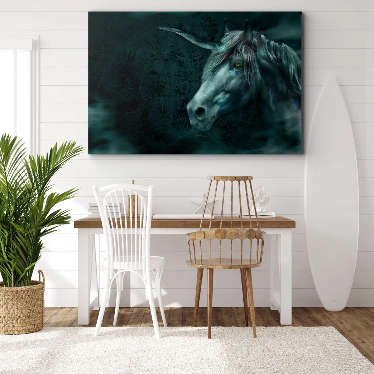 Bild auf Leinwand - Leinwandbild - Ein magisches Einhorn in einem geheimnisvollen, dunklen Wald mit Fantasiefarben. - 100x70cm - In einem Märchenwald - Moderne Wanddekoration für Wohnzimmer und Schlafzimmer ARTTOR