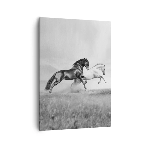 Bild auf Leinwand - Leinwandbild - Zwei galoppierende Pferde in einer dynamischen Schwarz-Weiß-Komposition - 50x70cm - Engel und Dämonen - Moderne Wanddekoration für Wohnzimmer und Schlafzimmer ARTTOR