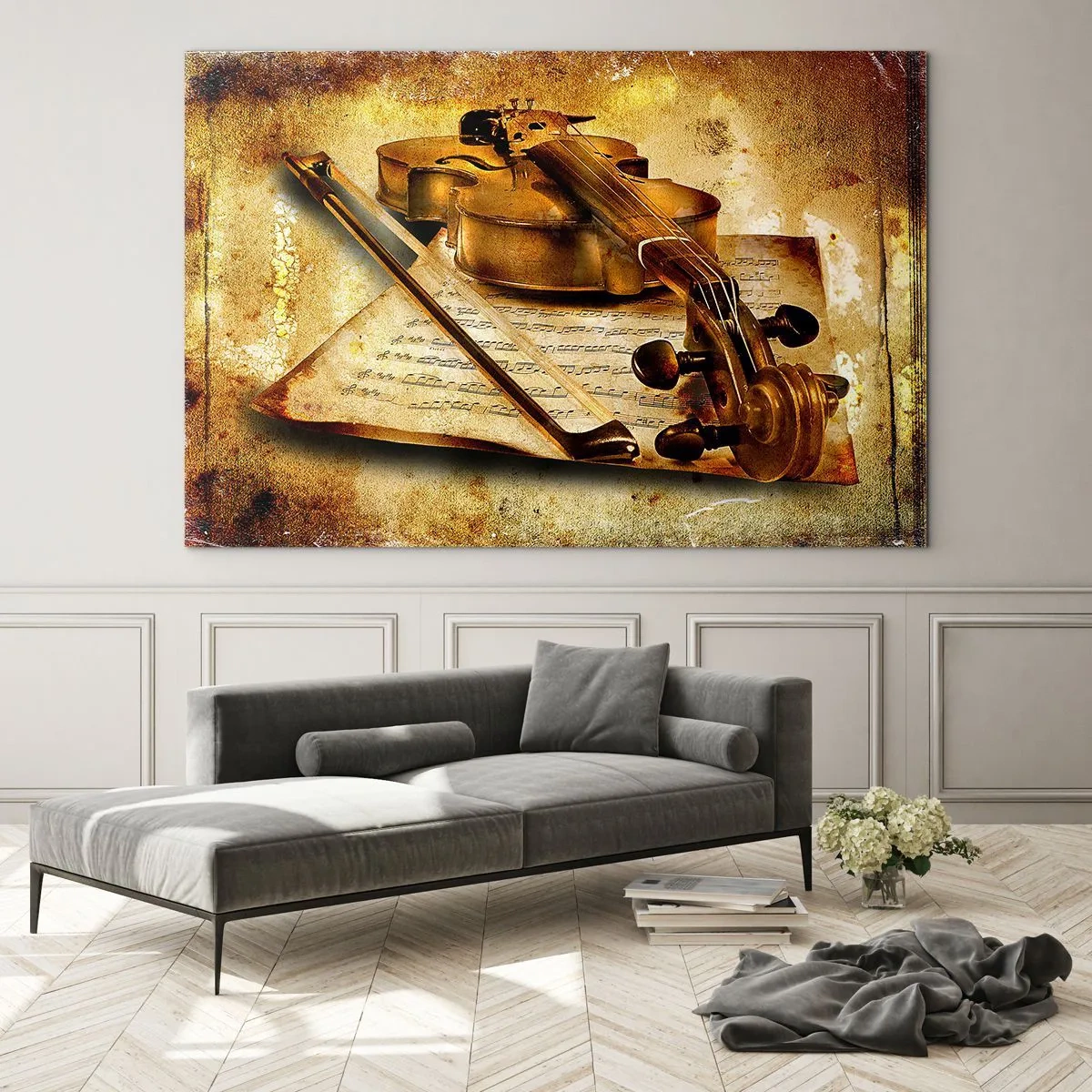 Glasbild - Bild auf glas - Violine mit Noten auf Vintage-Hintergrund - 120x80cm - Ein Virtuose dringend benötigt - Moderne Wanddekoration für Wohnzimmer und Schlafzimmer ARTTOR