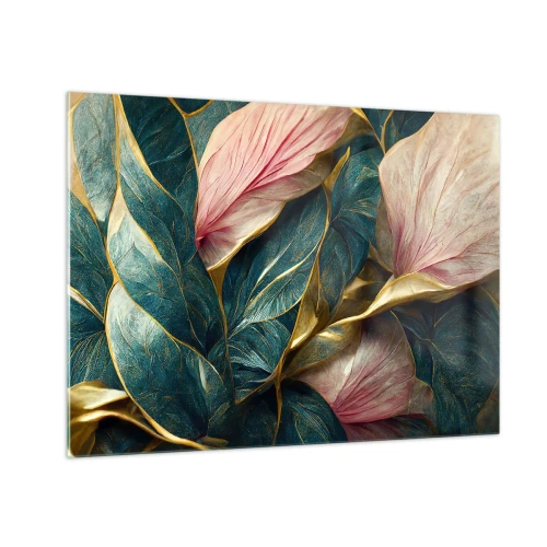 Glasbild - Bild auf glas - Grüne und rosa Blätter mit goldenen Akzenten - 70x50cm - Natürliche Eleganz und Stil - Moderne Wanddekoration für Wohnzimmer und Schlafzimmer ARTTOR