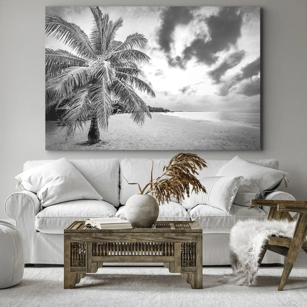 Bild auf Leinwand - Leinwandbild - Schwarz-weiße Palme an einem leeren Strand mit Wolken - 70x50cm - Wenn du dich nach Einsamkeit sehnst ... - Moderne Wanddekoration für Wohnzimmer und Schlafzimmer ARTTOR