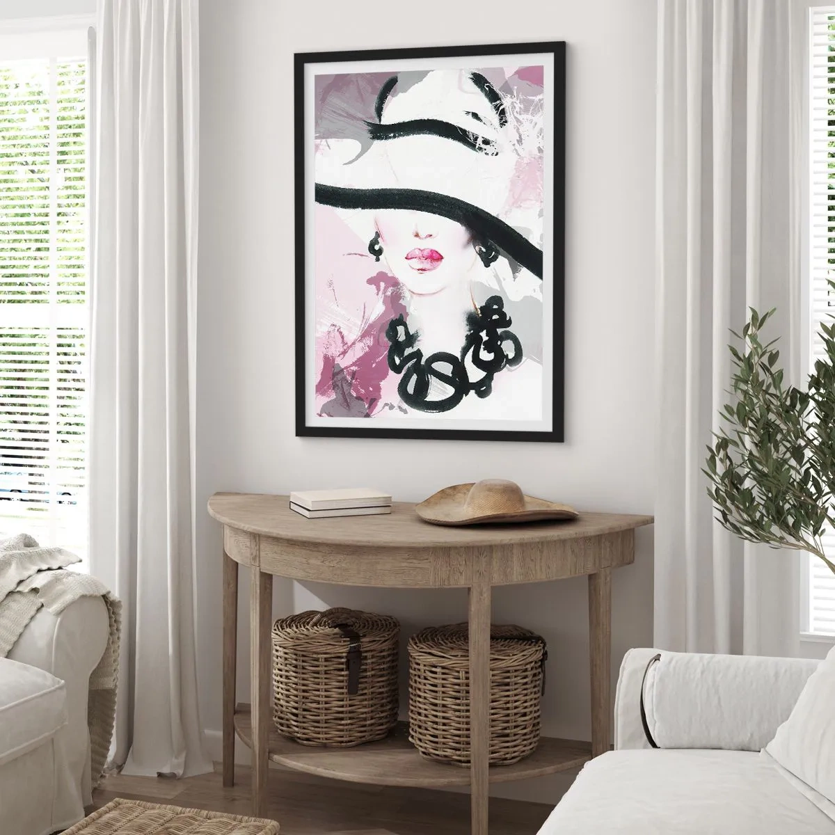 Poster in einem schwarzem Rahmen - Eine elegante Illustration eines Frauengesichts in Rosa- und Schwarztönen. - 50x70cm - Bildnis einer Dame in Schwarz und Pink - Moderne Wanddekoration für Wohnzimmer und Schlafzimmer ARTTOR