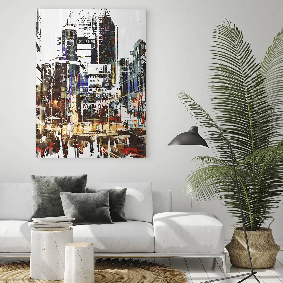 Glasbild - Bild auf glas - Eine moderne Stadtlandschaft im künstlerischen Stil - 70x100cm - Eine schillernde Stadt - Moderne Wanddekoration für Wohnzimmer und Schlafzimmer ARTTOR