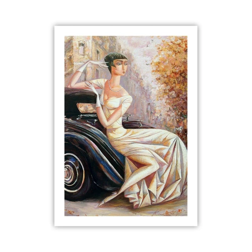 Poster - Elegante Frau neben einem Retro-Auto im malerischen Stil - 50x70cm - Eleganz im Retro-Stil - Moderne Wanddekoration für Wohnzimmer und Schlafzimmer ARTTOR