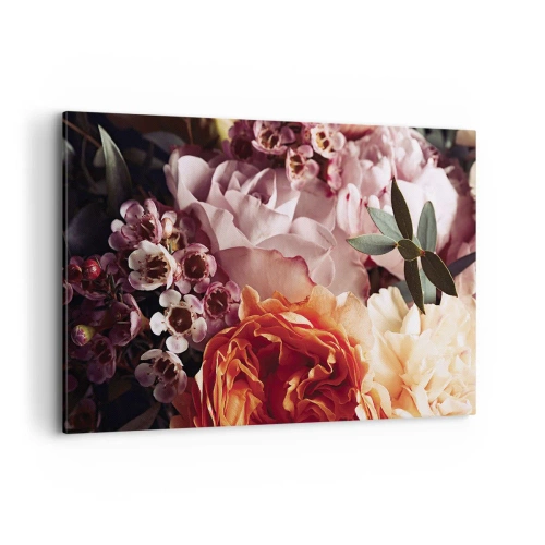 Bild auf Leinwand - Leinwandbild - Eine Nahaufnahme einer farbenfrohen Blumenkomposition - 120x80cm - Eingehüllt in Schönheit - Moderne Wanddekoration für Wohnzimmer und Schlafzimmer ARTTOR