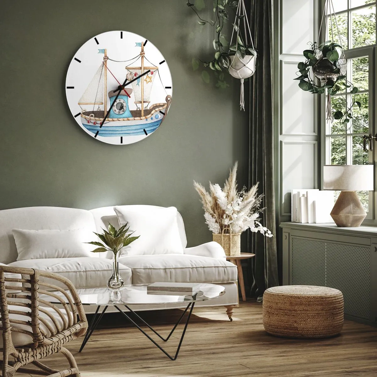 Wanduhr - Glasuhr - Illustriertes Kindersegelboot mit nautischen Verzierungen - 30x30cm - Ahoi, Abenteuer! - Moderne Wanddekoration für Wohnzimmer, Küche und Schlafzimmer ARTTOR