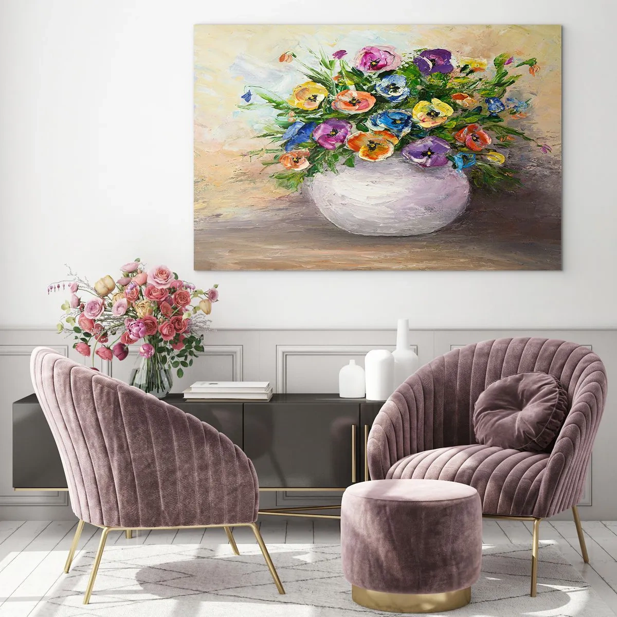 Glasbild - Bild auf glas - Ein Strauß bunter Blumen in einer weißen Vase - 100x70cm - Stillleben mit einer weißen Vase - Moderne Wanddekoration für Wohnzimmer und Schlafzimmer ARTTOR