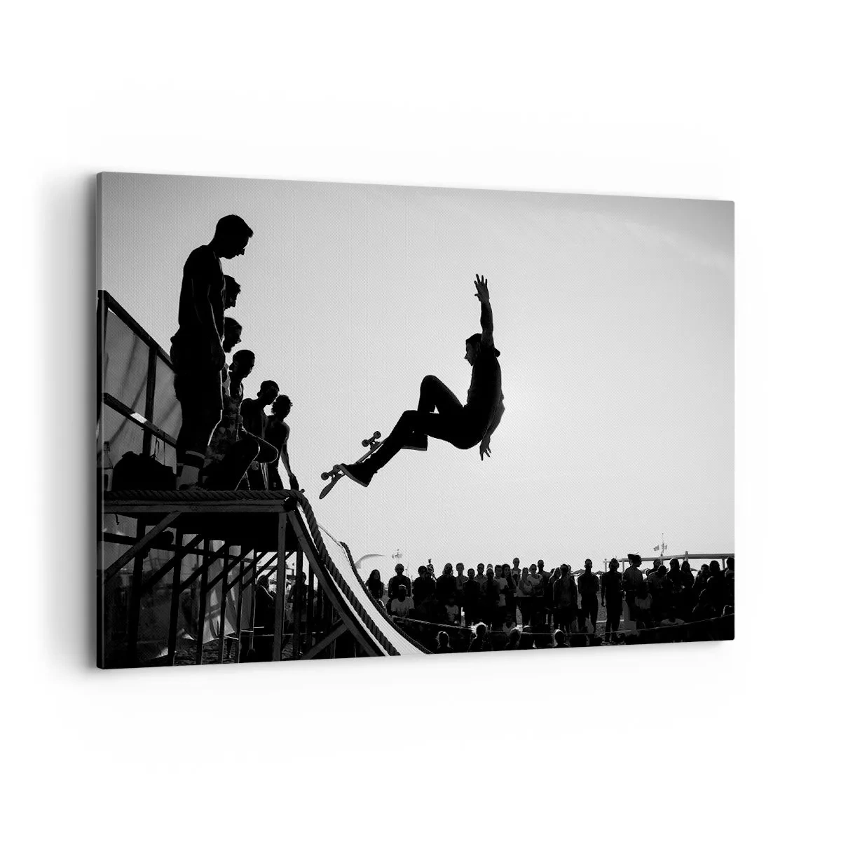 Bild auf Leinwand - Leinwandbild - Schwarz-weiße Skateboardszene auf einer Rampe - 100x70cm - Helden und Zuschauer - Moderne Wanddekoration für Wohnzimmer und Schlafzimmer ARTTOR