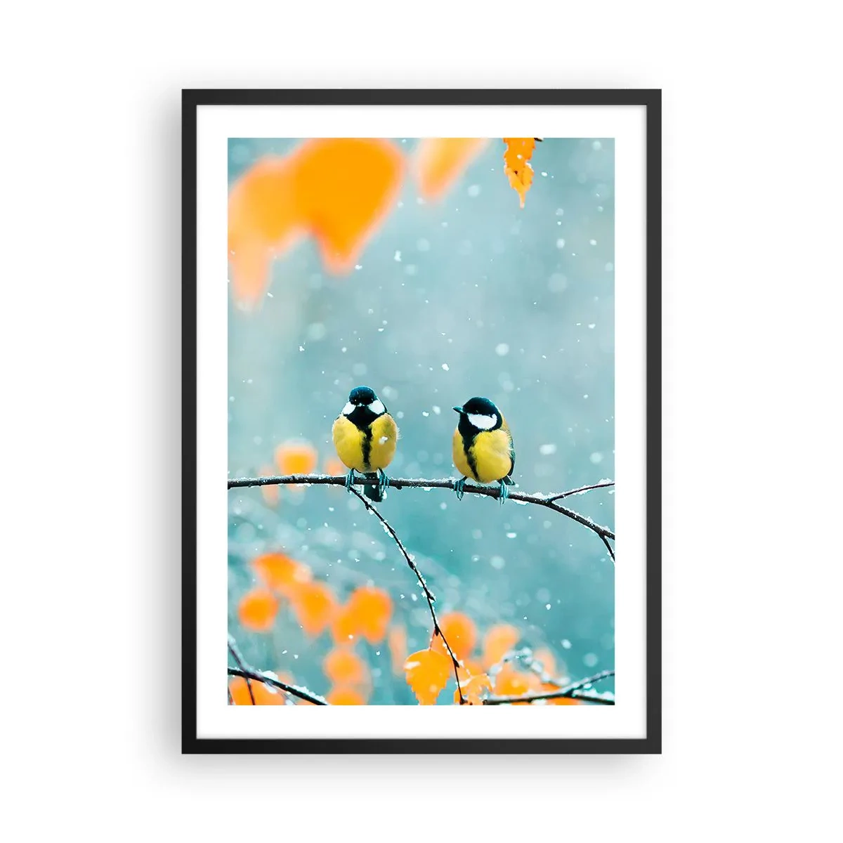 Poster in einem schwarzem Rahmen - Zwei Meisen sitzen auf einem Ast in einer Winterlandschaft - 50x70cm - Vogelklatsch - Moderne Wanddekoration für Wohnzimmer und Schlafzimmer ARTTOR