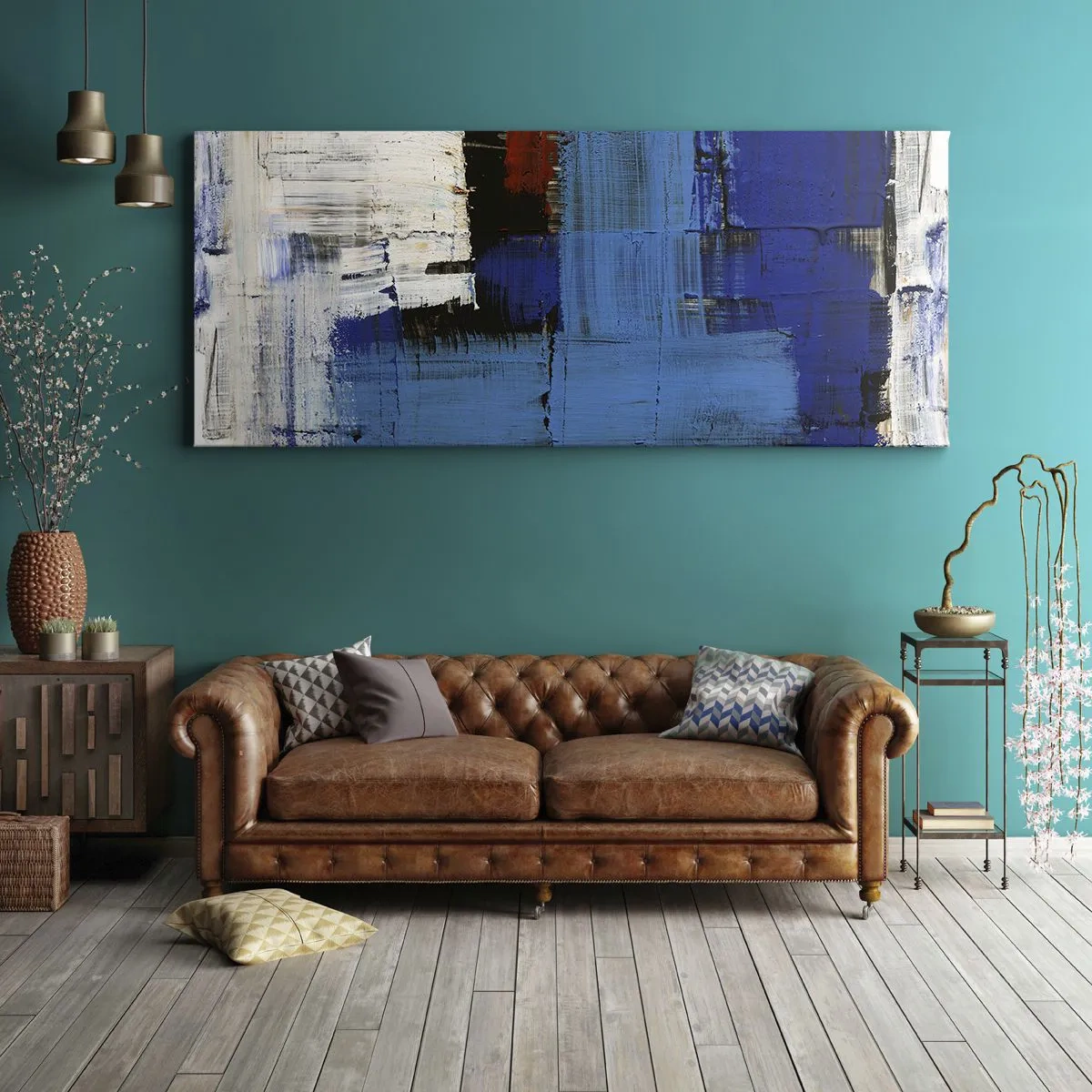 Bild auf Leinwand - Leinwandbild - Abstrakte Komposition in Blau- und Weißtönen - 120x50cm - Geheimnis ist blau - Moderne Wanddekoration für Wohnzimmer und Schlafzimmer ARTTOR