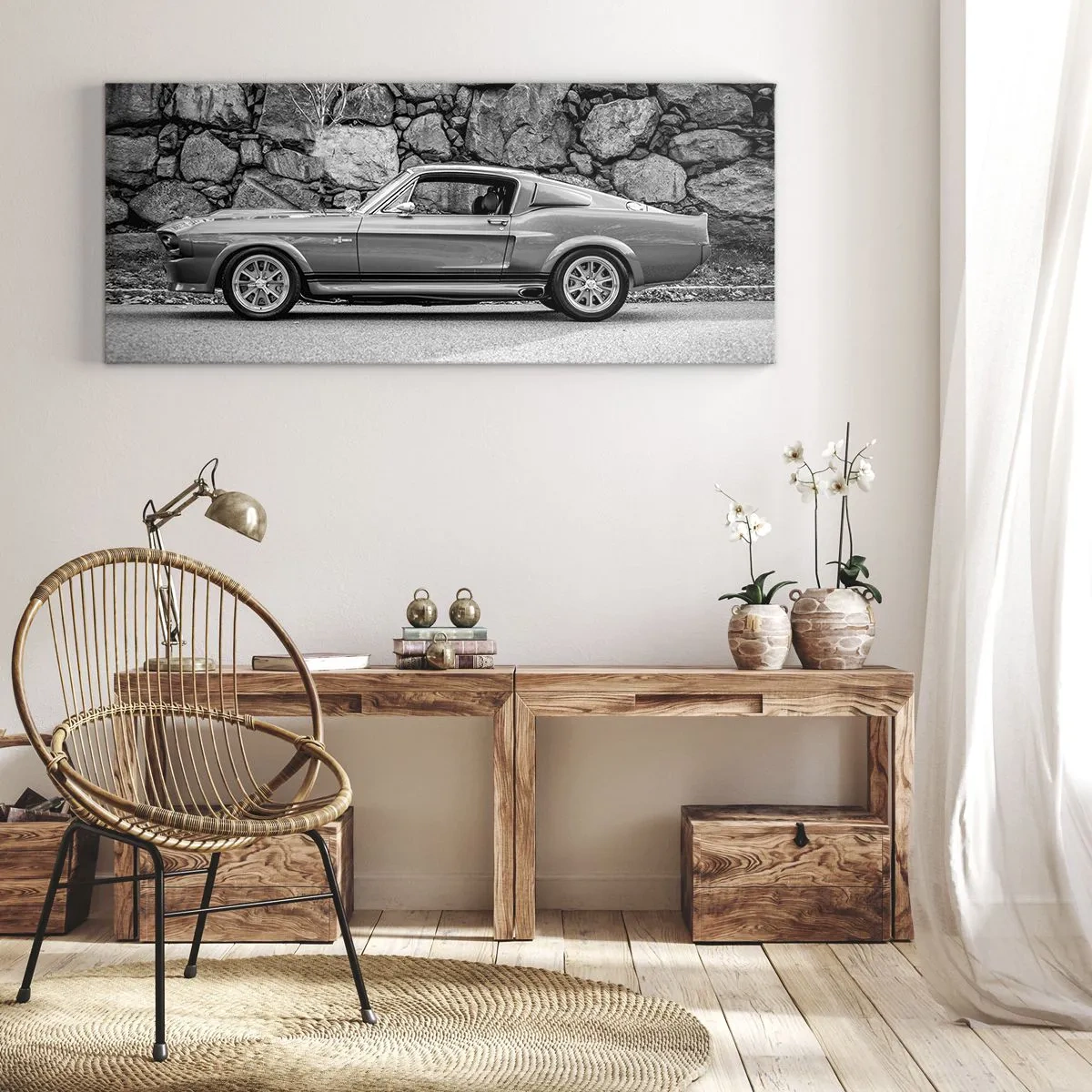 Bild auf Leinwand - Leinwandbild - Schwarz-Weiß-Foto eines Oldtimers - 160x50cm - Die Legende der 1960er - Moderne Wanddekoration für Wohnzimmer und Schlafzimmer ARTTOR