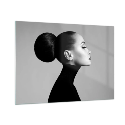 Glasbild - Bild auf glas - Stilvolle Frau in Schwarz vor grauem Hintergrund - 70x50cm - Moderne Nofretete - Moderne Wanddekoration für Wohnzimmer und Schlafzimmer ARTTOR