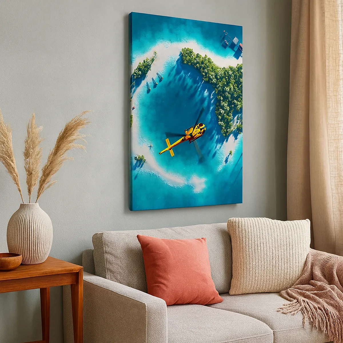 Bild auf Leinwand - Leinwandbild - Eine tropische Insel, umgeben von türkisfarbenem Wasser, mit einem Hubschrauber in Sicht - 50x70cm - Kauf dir eine Insel - Moderne Wanddekoration für Wohnzimmer und Schlafzimmer ARTTOR