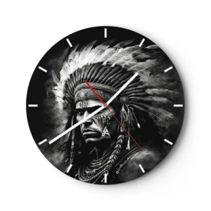 Wanduhr - Glasuhr - Porträt eines Häuptlings mit Federschmuck im monochromen Stil - 30x30cm - Anführer und Krieger - Moderne Wanddekoration für Wohnzimmer, Küche und Schlafzimmer ARTTOR