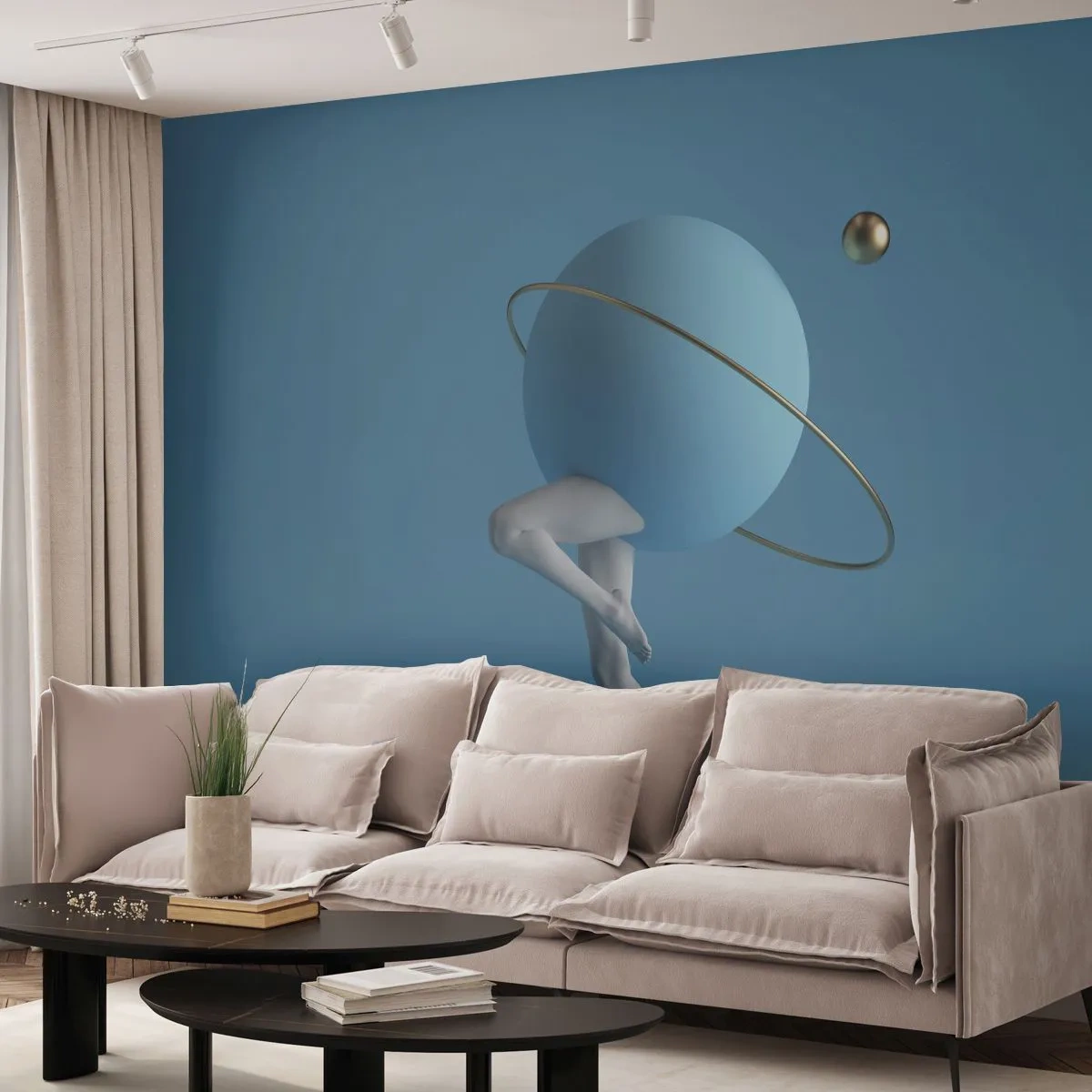 Fototapete Premium Sand - Eine Figur mit einem Planeten anstelle eines Kopfes auf blauem Hintergrund - 100x70cm - Und die Planeten spielen verrückt - Moderne Wanddekoration für Wohnzimmer und Schlafzimmer ARTTOR