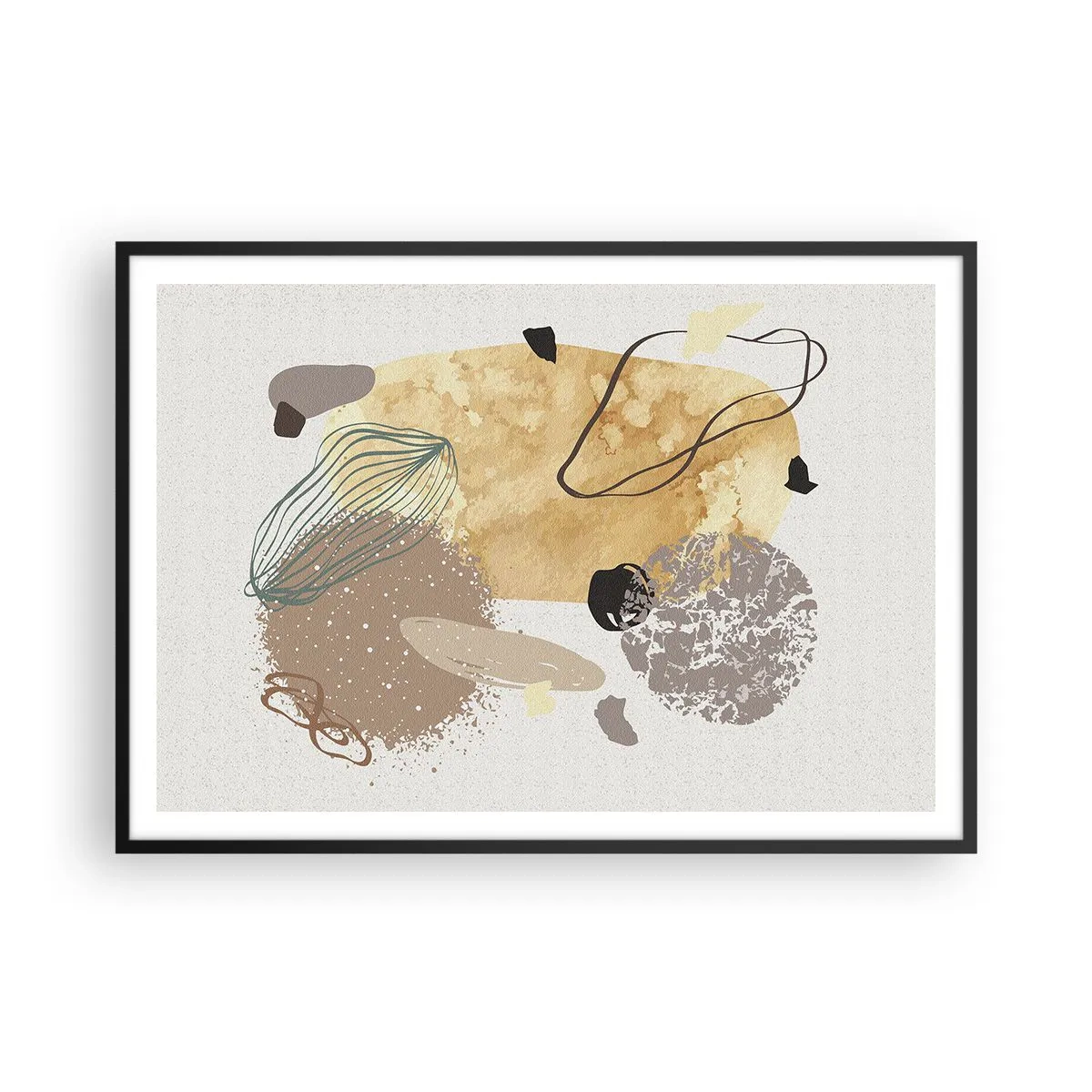 Poster in einem schwarzem Rahmen - Eine Komposition aus abstrakten Formen in Beige und Gelb. - 100x70cm - Angewandte Plumkologie - Moderne Wanddekoration für Wohnzimmer und Schlafzimmer ARTTOR