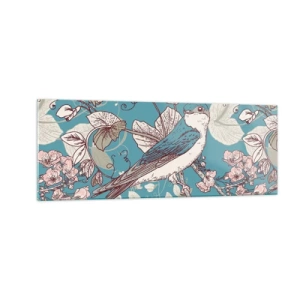 Glasbild - Bild auf glas - Ein Vogel auf einem Ast in einem zarten Blumenstil - 140x50cm - Im Weißholz von Rot und Silber - Moderne Wanddekoration für Wohnzimmer und Schlafzimmer ARTTOR