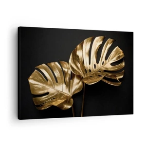 Bild auf Leinwand - Leinwandbild - Goldene Monstera-Blätter auf schwarzem Hintergrund - 70x50cm - Die Schätze der Natur - Moderne Wanddekoration für Wohnzimmer und Schlafzimmer ARTTOR