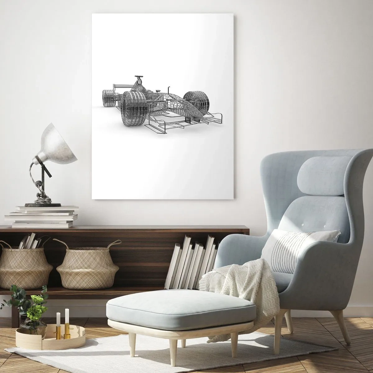 Glasbild - Bild auf glas - Technische Zeichnung eines Rennwagens im 3D-Stil - 50x70cm - Perfektes Design – die Idee von Schwung - Moderne Wanddekoration für Wohnzimmer und Schlafzimmer ARTTOR