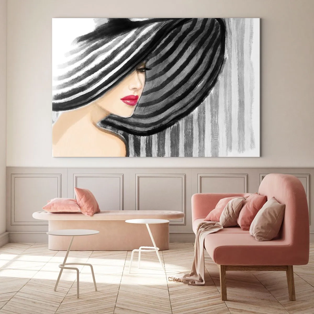 Glasbild - Bild auf glas - Stilvolle Frau mit schwarz-weiß gestreiftem Hut - 120x80cm - Wo soll ich dich finden? - Moderne Wanddekoration für Wohnzimmer und Schlafzimmer ARTTOR