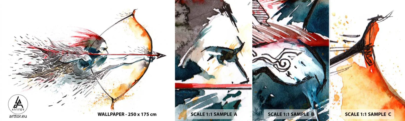 Fototapetenmuster Standard Eco - Mythischer Krieger mit feurigem Bogen - Abstraktion, Schütze, Bogenschuss - 100x30 cm