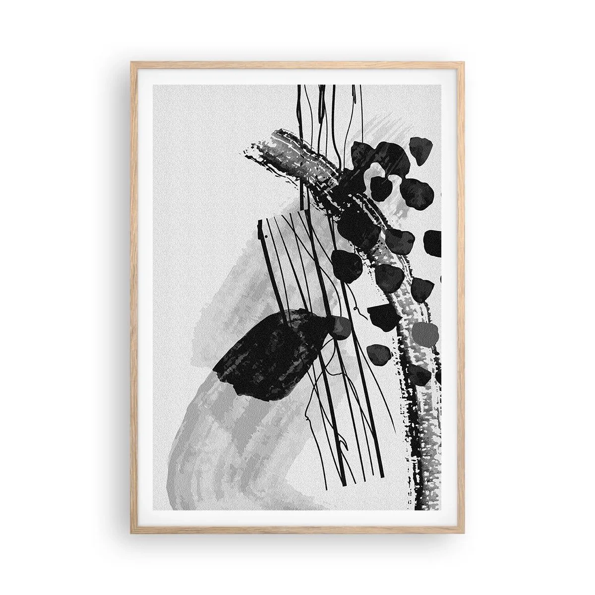 Poster in einem Rahmen aus heller Eiche - Organische Schwarz-Weiß-Abstraktion - 70x100 cm