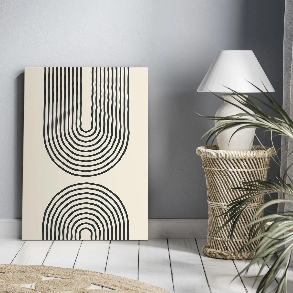 Bild auf Leinwand - Leinwandbild - Abstraktes geometrisches Muster mit symmetrischen Linien auf hellem Hintergrund - 80x120cm - In einem Moment ... - Moderne Wanddekoration für Wohnzimmer und Schlafzimmer ARTTOR