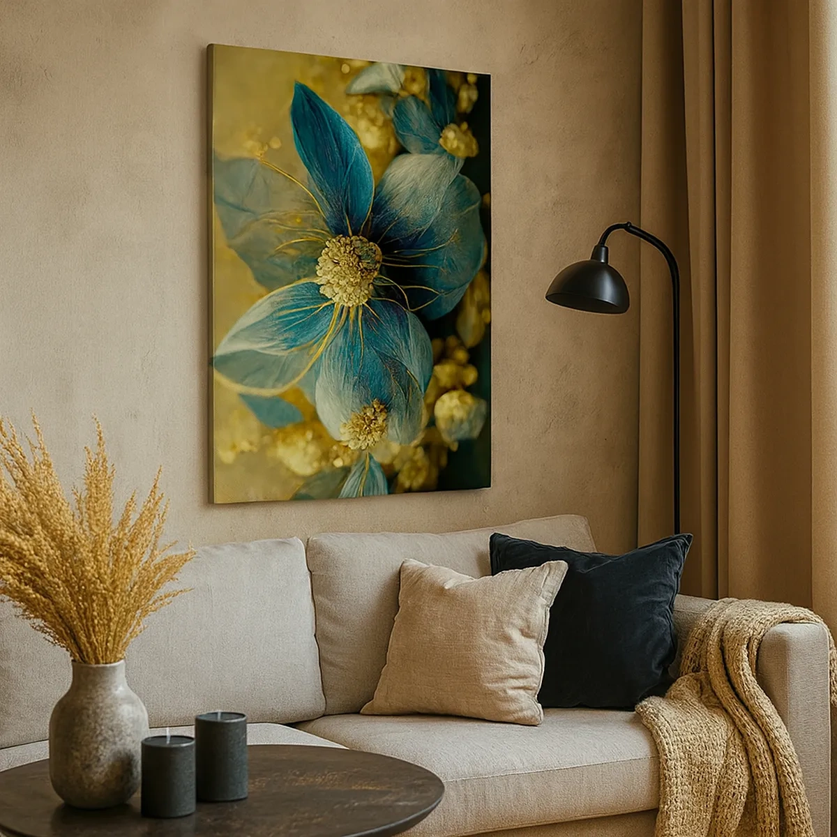 Bild auf Leinwand - Leinwandbild - Elegante Blumen in Blau- und Goldtönen - 50x70cm - Mit Gold blühen - Moderne Wanddekoration für Wohnzimmer und Schlafzimmer ARTTOR