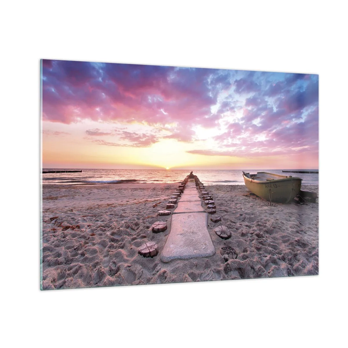 Glasbild - Bild auf glas - Sonnenuntergangsstrand mit Boot und Pier - 100x70cm - Ein Moment tiefer Erfahrung - Moderne Wanddekoration für Wohnzimmer und Schlafzimmer ARTTOR