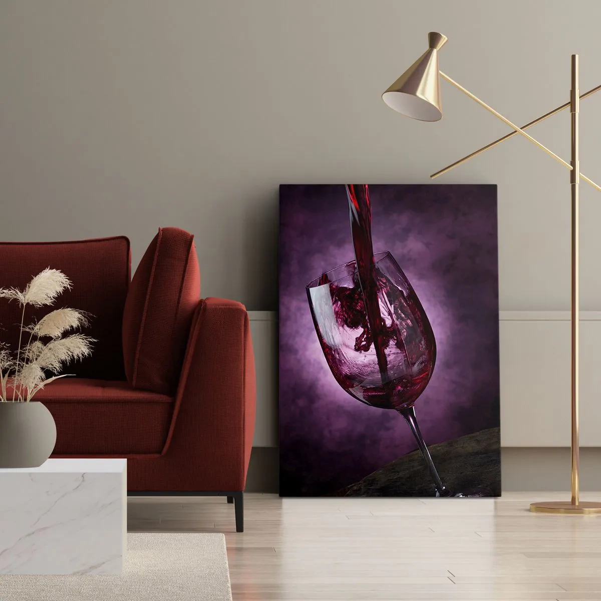 Bild auf Leinwand - Leinwandbild - Rotwein wird vor violettem Rauch in ein Glas gegossen - 50x70cm - Scharlachrot? Karminrot? Nein, Rubin. - Moderne Wanddekoration für Wohnzimmer und Schlafzimmer ARTTOR