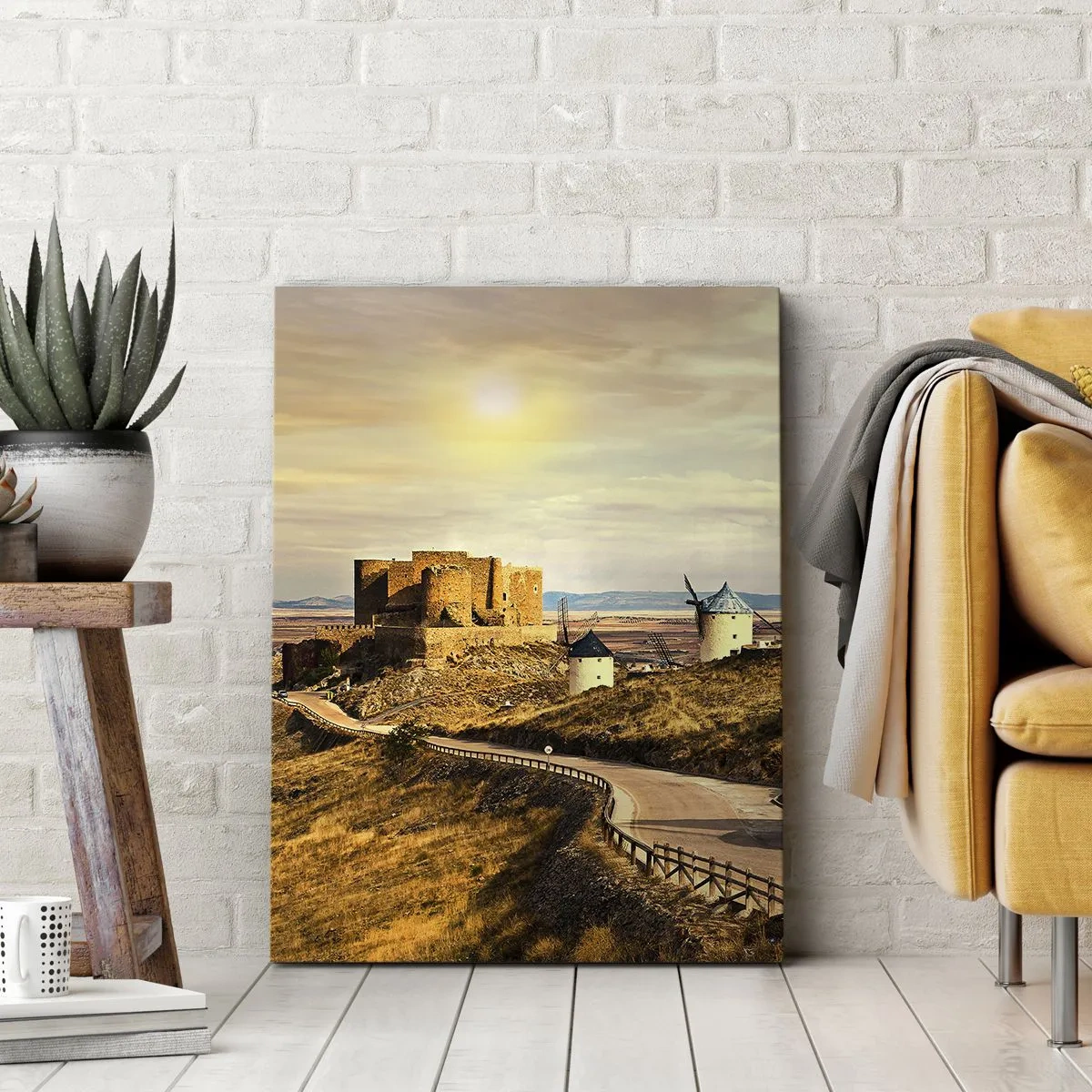 Bild auf Leinwand - Leinwandbild - Windmühlen auf den Hügeln mit einer historischen Burg im Hintergrund - 50x70cm - Don Quijote kommt gleich - Moderne Wanddekoration für Wohnzimmer und Schlafzimmer ARTTOR