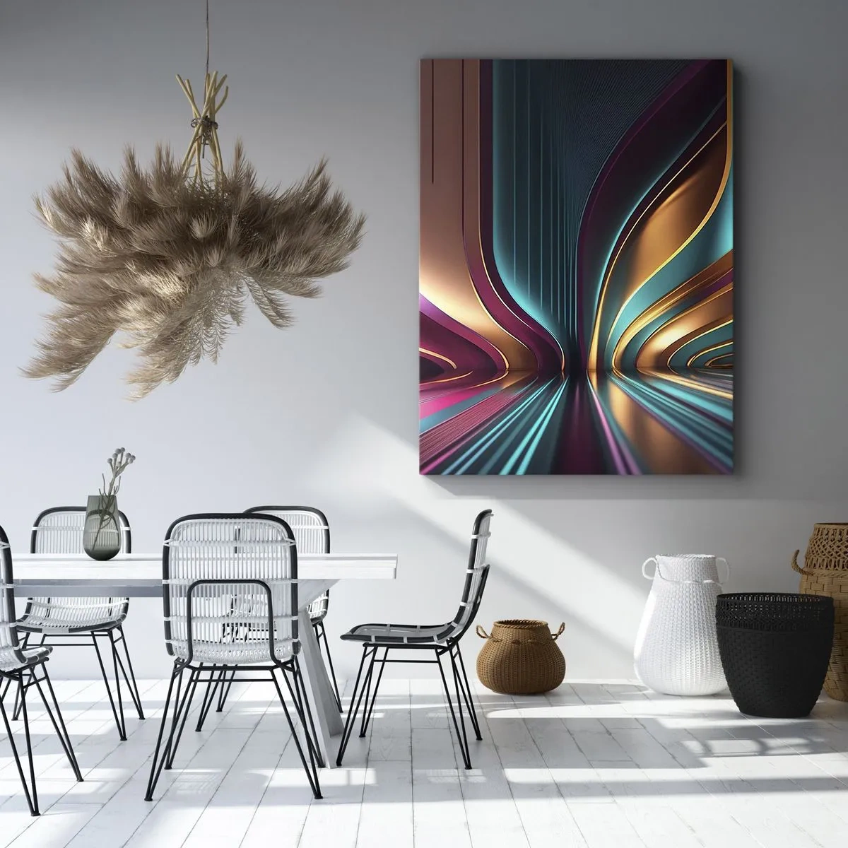Bild auf Leinwand - Leinwandbild - Futuristische Abstraktion mit intensiven Farben und Kurven - 70x100cm - Architektur des Lichts - Moderne Wanddekoration für Wohnzimmer und Schlafzimmer ARTTOR