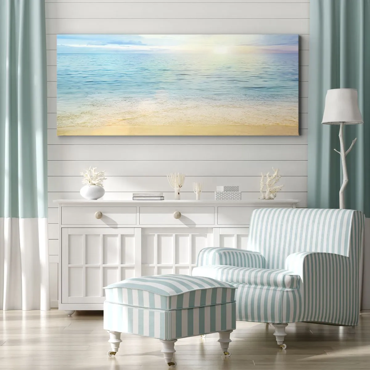 Bild auf Leinwand - Leinwandbild - Ein Strand mit türkisfarbenem Meer und klarem Himmel - 120x50cm - Großes Blau - Moderne Wanddekoration für Wohnzimmer und Schlafzimmer ARTTOR