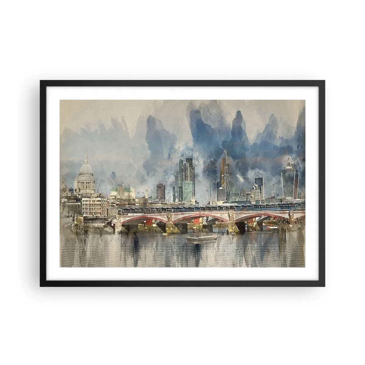 Poster in einem schwarzem Rahmen - Aquarellansicht der Brücke und der Skyline der Stadt - 70x50cm - London in seiner ganzen Pracht - Moderne Wanddekoration für Wohnzimmer und Schlafzimmer ARTTOR