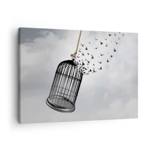 Bild auf Leinwand - Leinwandbild - Vögel fliegen aus einem Käfig gegen den Himmel - 70x50cm - Glaube ... Hoffnung ... Freiheit! - Moderne Wanddekoration für Wohnzimmer und Schlafzimmer ARTTOR