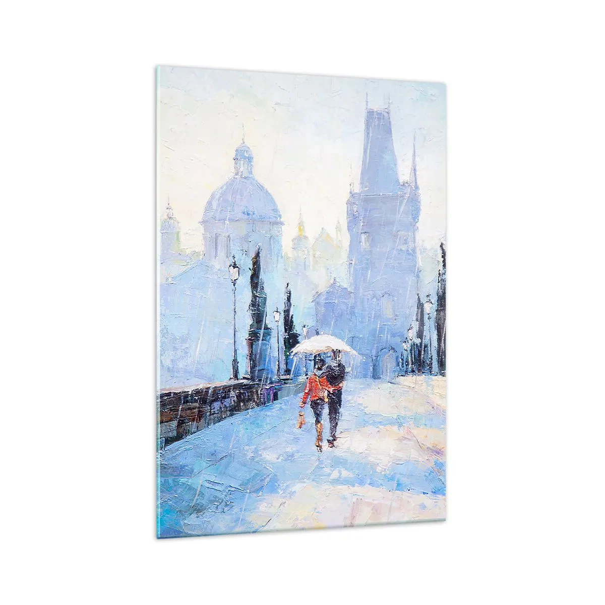 Glasbild - Bild auf glas - Romantisches Paar auf einer Brücke im Regen, eine malerische Szene - 70x100cm - Der Regen muss uns verzaubert haben - Moderne Wanddekoration für Wohnzimmer und Schlafzimmer ARTTOR
