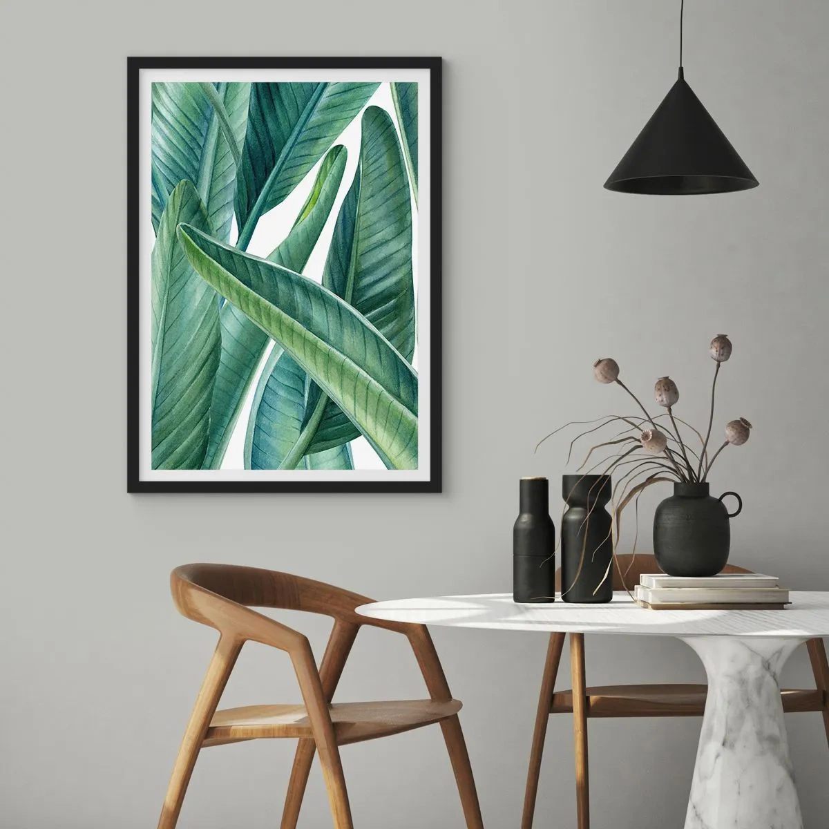 Poster in einem schwarzem Rahmen - Grüne Bananenblätter im Aquarellstil - 50x70cm - An und für sich Grün - Moderne Wanddekoration für Wohnzimmer und Schlafzimmer ARTTOR