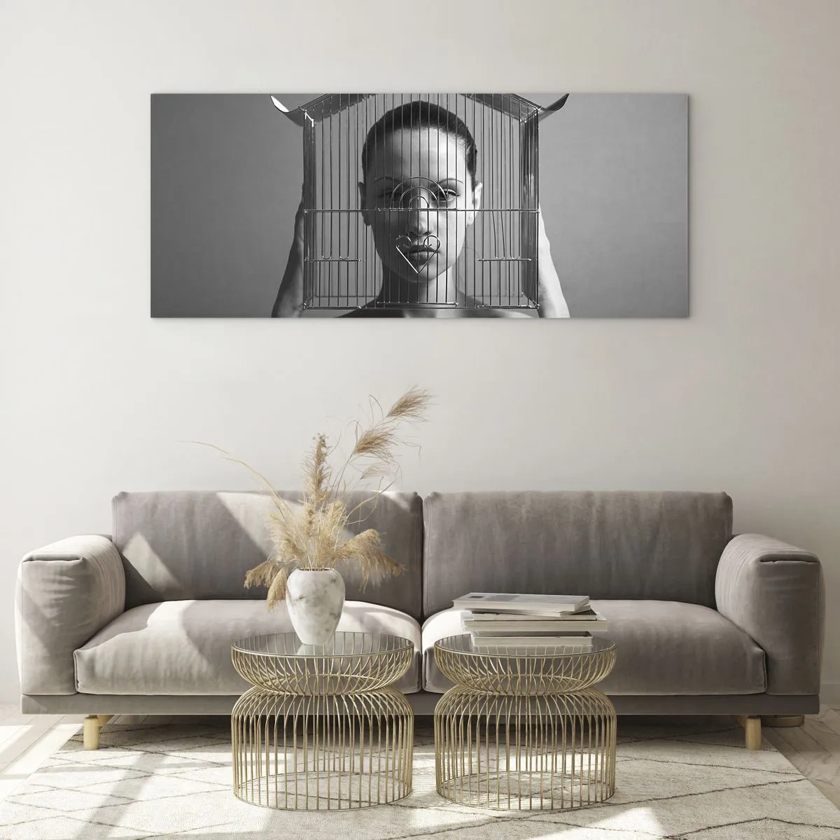 Glasbild - Bild auf glas - Frau hinter einem Käfig im surrealen Stil - 120x50cm - Ein leicht surreales Portrait - Moderne Wanddekoration für Wohnzimmer und Schlafzimmer ARTTOR