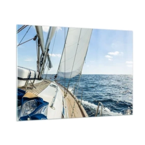 Glasbild - Bild auf glas - Eine Yacht auf offener See mit gehissten Segeln - 100x70cm - Ahoi, Abenteuer - Moderne Wanddekoration für Wohnzimmer und Schlafzimmer ARTTOR