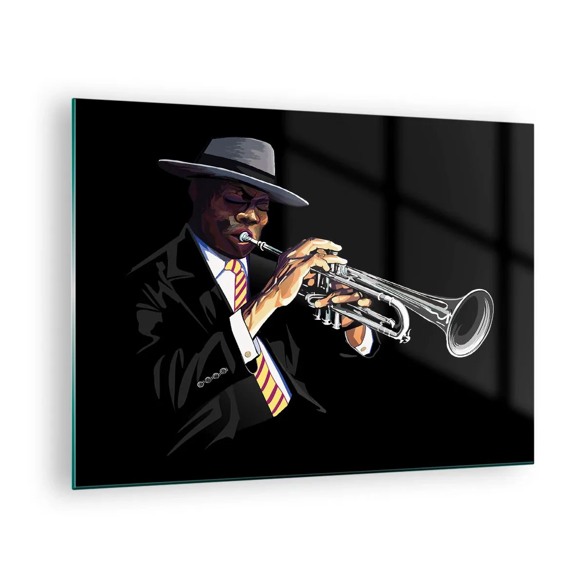Glasbild - Bild auf glas - Ein schwarzer Musiker mit Trompete und Hut auf schwarzem Hintergrund - 70x50cm - Charme der alten Schule - Moderne Wanddekoration für Wohnzimmer und Schlafzimmer ARTTOR
