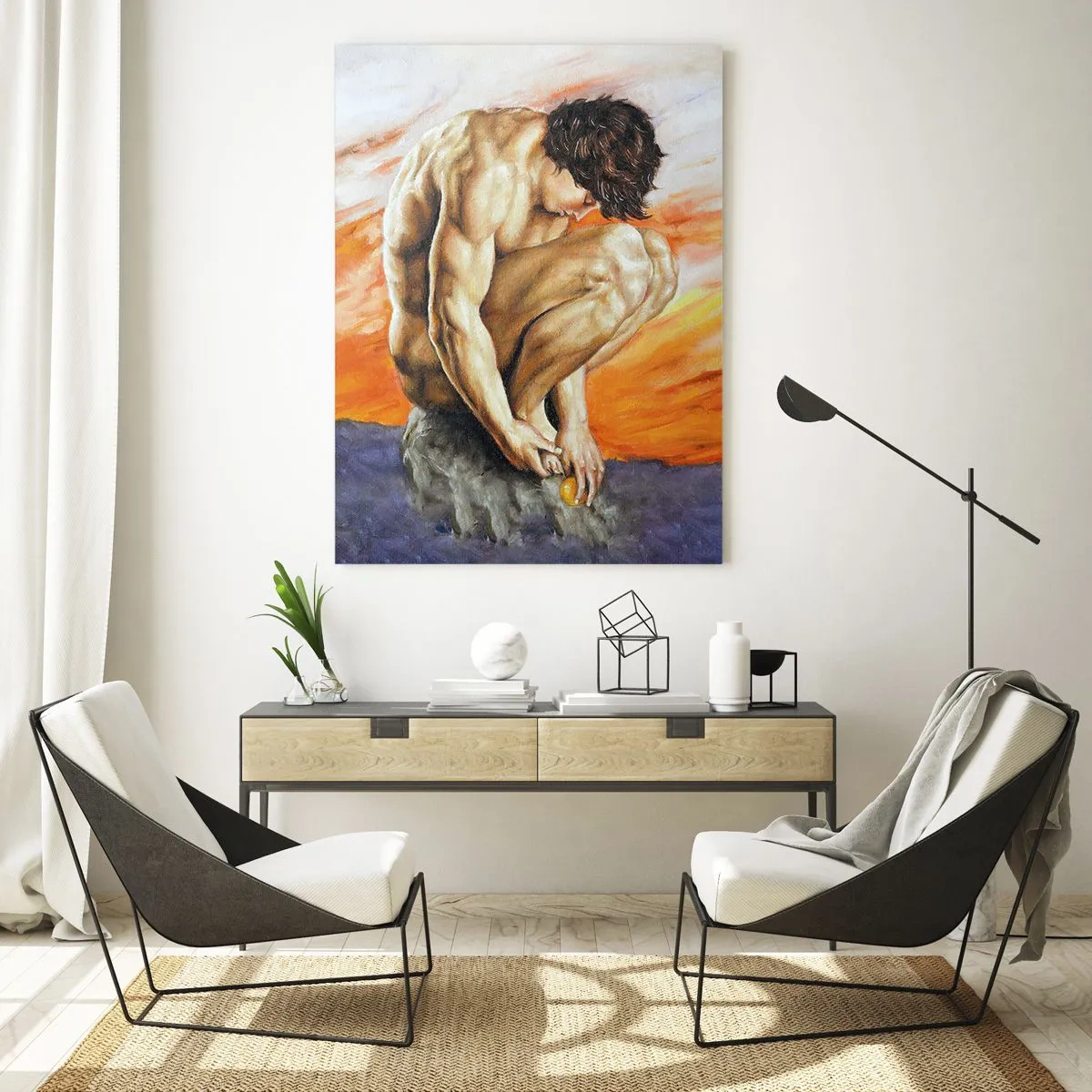 Glasbild - Bild auf glas - Ein nackter menschlicher Körper vor einem intensiv orangefarbenen Himmel. - 50x70cm - In sich versunken - Moderne Wanddekoration für Wohnzimmer und Schlafzimmer ARTTOR