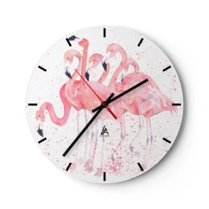 Wanduhr - Glasuhr - Eine Gruppe rosa Flamingos im künstlerischen Aquarellstil. - 30x30cm - Rosa Ensemble - Moderne Wanddekoration für Wohnzimmer, Küche und Schlafzimmer ARTTOR