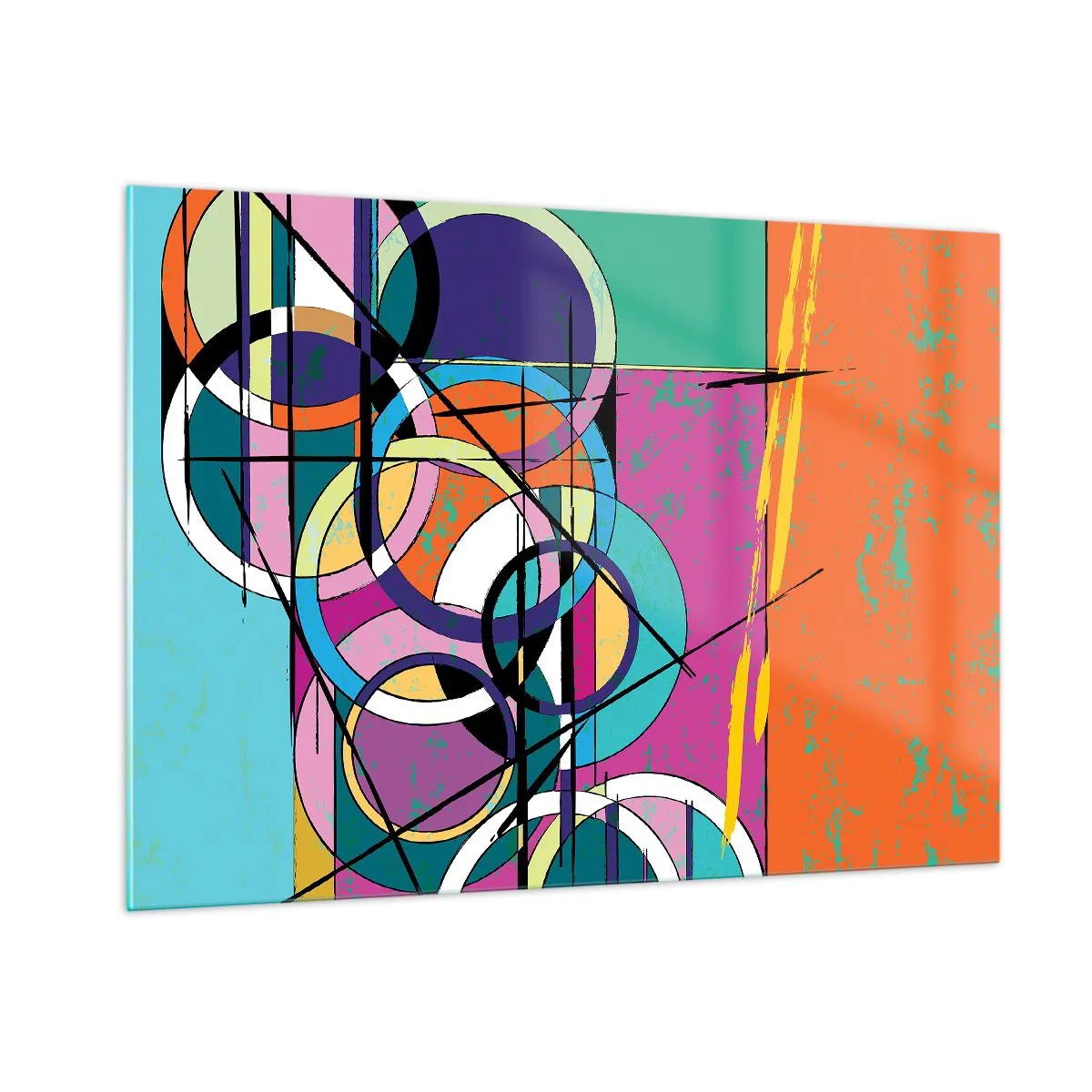 Glasbild - Bild auf glas - Bunte Abstraktion mit geometrischen Formen und Kreisen - 100x70cm - Rad für Rad - Moderne Wanddekoration für Wohnzimmer und Schlafzimmer ARTTOR
